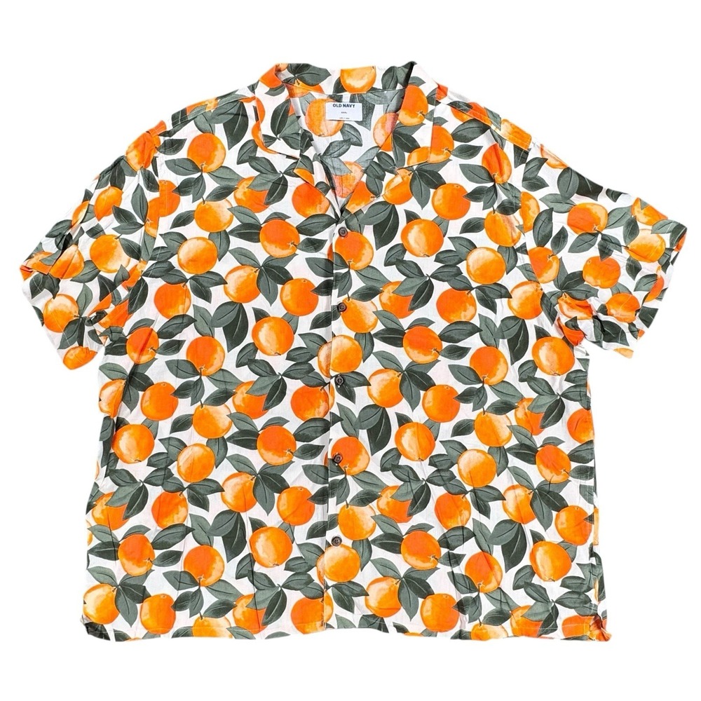 Old Navy Camp Shirt Mens XXXL Oranges Print Short-Sleeve Hawaiian Tropical Fruit